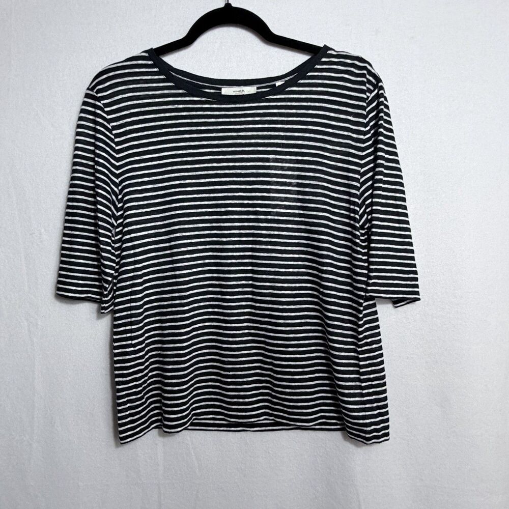 NEW Vince Navy Blue White Striped Linen Elbow Sleeve Crew Neck T-Shirt Size M